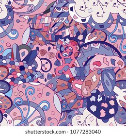 Tracery seamless pattern. Mehndi design. Ethnic colorful doodle texture. Curved doodling background. Vector