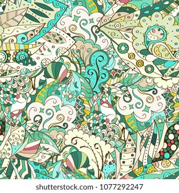 Tracery seamless pattern. Mehndi design. Ethnic colorful doodle texture. Curved doodling background. Vector