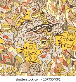 Tracery seamless pattern. Mehndi design. Ethnic colorful doodle texture. Curved doodling background. Vector