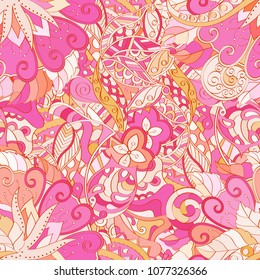 Tracery seamless pattern. Mehndi design. Ethnic colorful doodle texture. Curved doodling background. Vector