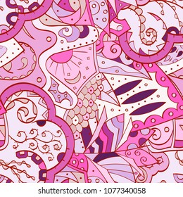Tracery seamless pattern. Mehndi design. Ethnic colorful doodle texture. Curved doodling background. Vector