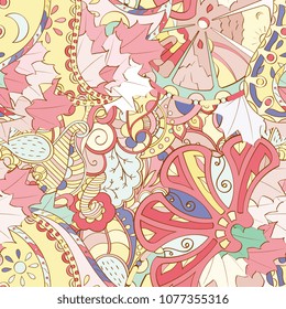 Tracery seamless pattern. Mehndi design. Ethnic colorful doodle texture. Curved doodling background. Vector