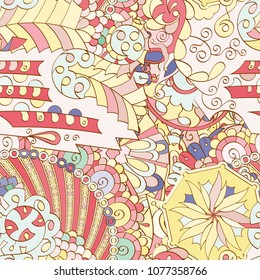 Tracery seamless pattern. Mehndi design. Ethnic colorful doodle texture. Curved doodling background. Vector