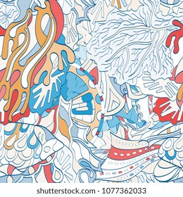 Tracery seamless pattern. Mehndi design. Ethnic colorful doodle texture. Curved doodling background. Vector