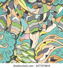 Tracery seamless pattern. Mehndi design. Ethnic colorful doodle texture. Curved doodling background. Vector