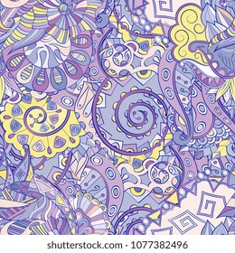 Tracery seamless pattern. Mehndi design. Ethnic colorful doodle texture. Curved doodling background. Vector