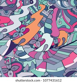 Tracery seamless pattern. Mehndi design. Ethnic colorful doodle texture. Curved doodling background. Vector