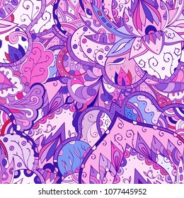 Tracery seamless pattern. Mehndi design. Ethnic colorful doodle texture. Curved doodling background. Vector