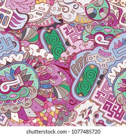 Tracery seamless pattern. Mehndi design. Ethnic colorful doodle texture. Curved doodling background. Vector
