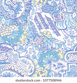 Tracery seamless pattern. Mehndi design. Ethnic colorful doodle texture. Curved doodling background. Vector