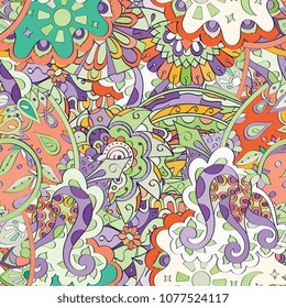 Tracery seamless pattern. Mehndi design. Ethnic colorful doodle texture. Curved doodling background. Vector