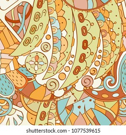 Tracery seamless pattern. Mehndi design. Ethnic colorful doodle texture. Curved doodling background. Vector