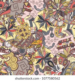 Tracery seamless pattern. Mehndi design. Ethnic colorful doodle texture. Curved doodling background. Vector