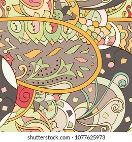 Tracery seamless pattern. Mehndi design. Ethnic colorful doodle texture. Curved doodling background. Vector