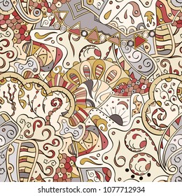 Tracery seamless pattern. Mehndi design. Ethnic colorful doodle texture. Curved doodling background. Vector