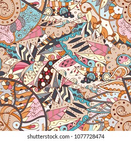 Tracery seamless pattern. Mehndi design. Ethnic colorful doodle texture. Curved doodling background. Vector
