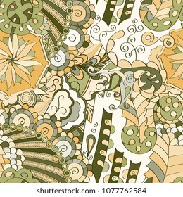 Tracery seamless pattern. Mehndi design. Ethnic colorful doodle texture. Curved doodling background. Vector