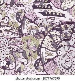 Tracery seamless pattern. Mehndi design. Ethnic colorful doodle texture. Curved doodling background. Vector