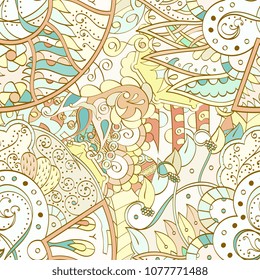 Tracery seamless pattern. Mehndi design. Ethnic colorful doodle texture. Curved doodling background. Vector