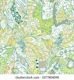 Tracery seamless pattern. Mehndi design. Ethnic colorful doodle texture. Curved doodling background. Vector