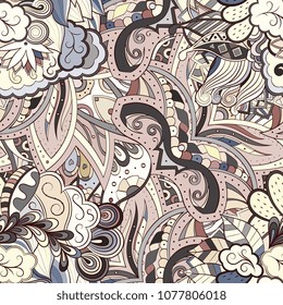 Tracery seamless pattern. Mehndi design. Ethnic colorful doodle texture. Curved doodling background. Vector