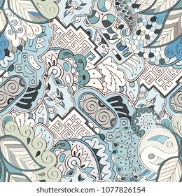 Tracery seamless pattern. Mehndi design. Ethnic colorful doodle texture. Curved doodling background. Vector