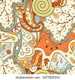 Tracery seamless pattern. Mehndi design. Ethnic colorful doodle texture. Curved doodling background. Vector
