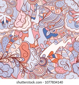 Tracery seamless pattern. Mehndi design. Ethnic colorful doodle texture. Curved doodling background. Vector