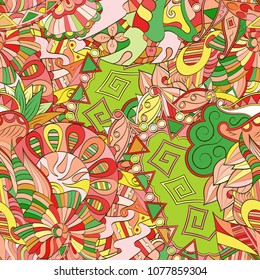 Tracery seamless pattern. Mehndi design. Ethnic colorful doodle texture. Curved doodling background. Vector