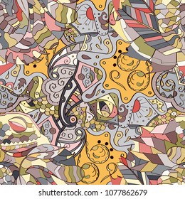 Tracery seamless pattern. Mehndi design. Ethnic colorful doodle texture. Curved doodling background. Vector