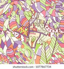 Tracery seamless pattern. Mehndi design. Ethnic colorful doodle texture. Curved doodling background. Vector