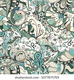 Tracery seamless pattern. Mehndi design. Ethnic colorful doodle texture. Curved doodling background. Vector