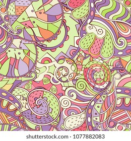 Tracery seamless pattern. Mehndi design. Ethnic colorful doodle texture. Curved doodling background. Vector