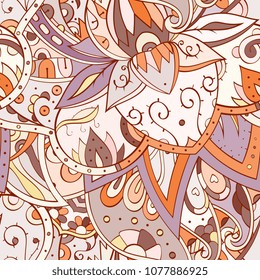 Tracery seamless pattern. Mehndi design. Ethnic colorful doodle texture. Curved doodling background. Vector