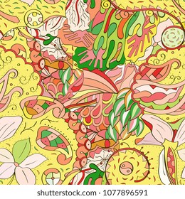 Tracery seamless pattern. Mehndi design. Ethnic colorful doodle texture. Curved doodling background. Vector