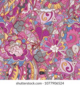 Tracery seamless pattern. Mehndi design. Ethnic colorful doodle texture. Curved doodling background. Vector