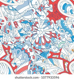 Tracery seamless pattern. Mehndi design. Ethnic colorful doodle texture. Curved doodling background. Vector