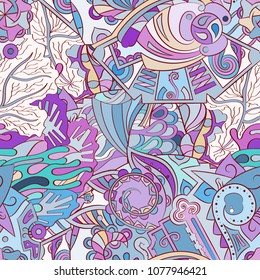 Tracery seamless pattern. Mehndi design. Ethnic colorful doodle texture. Curved doodling background. Vector