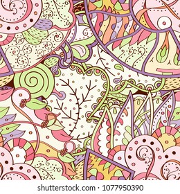 Tracery seamless pattern. Mehndi design. Ethnic colorful doodle texture. Curved doodling background. Vector