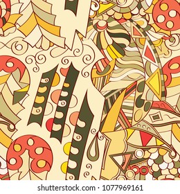 Tracery seamless pattern. Mehndi design. Ethnic colorful doodle texture. Curved doodling background. Vector