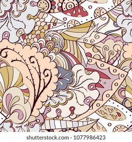 Tracery seamless pattern. Mehndi design. Ethnic colorful doodle texture. Curved doodling background. Vector