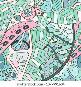 Tracery seamless pattern. Mehndi design. Ethnic colorful doodle texture. Curved doodling background. Vector