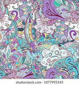Tracery seamless pattern. Mehndi design. Ethnic colorful doodle texture. Curved doodling background. Vector