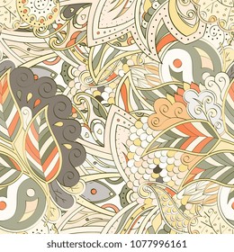 Tracery seamless pattern. Mehndi design. Ethnic colorful doodle texture. Curved doodling background. Vector