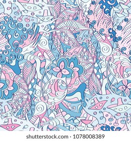 Tracery seamless pattern. Mehndi design. Ethnic colorful doodle texture. Curved doodling background. Vector