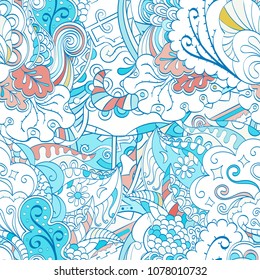 Tracery seamless pattern. Mehndi design. Ethnic colorful doodle texture. Curved doodling background. Vector