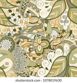 Tracery seamless pattern. Mehndi design. Ethnic colorful doodle texture. Curved doodling background. Vector