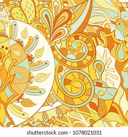Tracery seamless pattern. Mehndi design. Ethnic colorful doodle texture. Curved doodling background. Vector