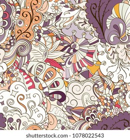 Tracery seamless pattern. Mehndi design. Ethnic colorful doodle texture. Curved doodling background. Vector