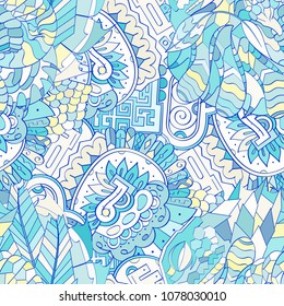 Tracery seamless pattern. Mehndi design. Ethnic colorful doodle texture. Curved doodling background. Vector